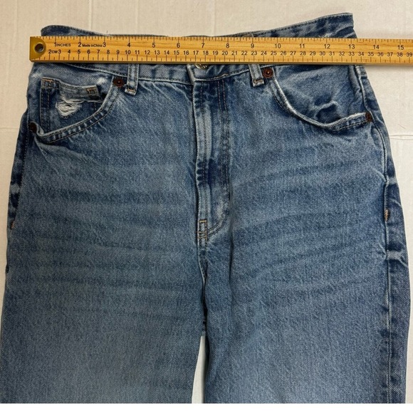 ZARA Womens Wide Leg Jeans Blue Denim High Rise Distressed Ripped Knee  Trendy 4 - Picture 4 of 8